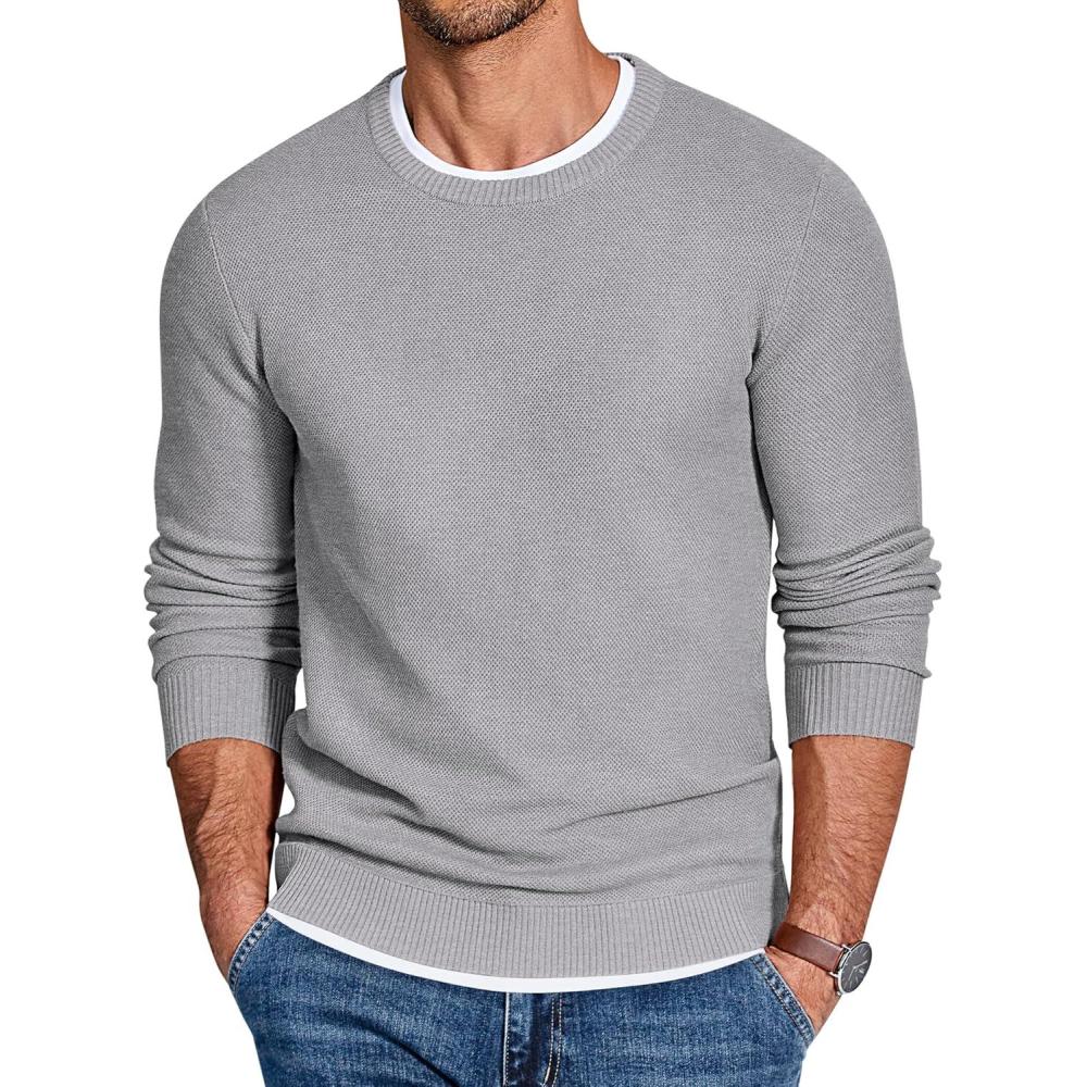 imageCOOFANDY Mens Crewneck Sweater Slim Fit Lightweight Knit Pullover Casual Dress Crew Neck Pullover SweatersLight Grey