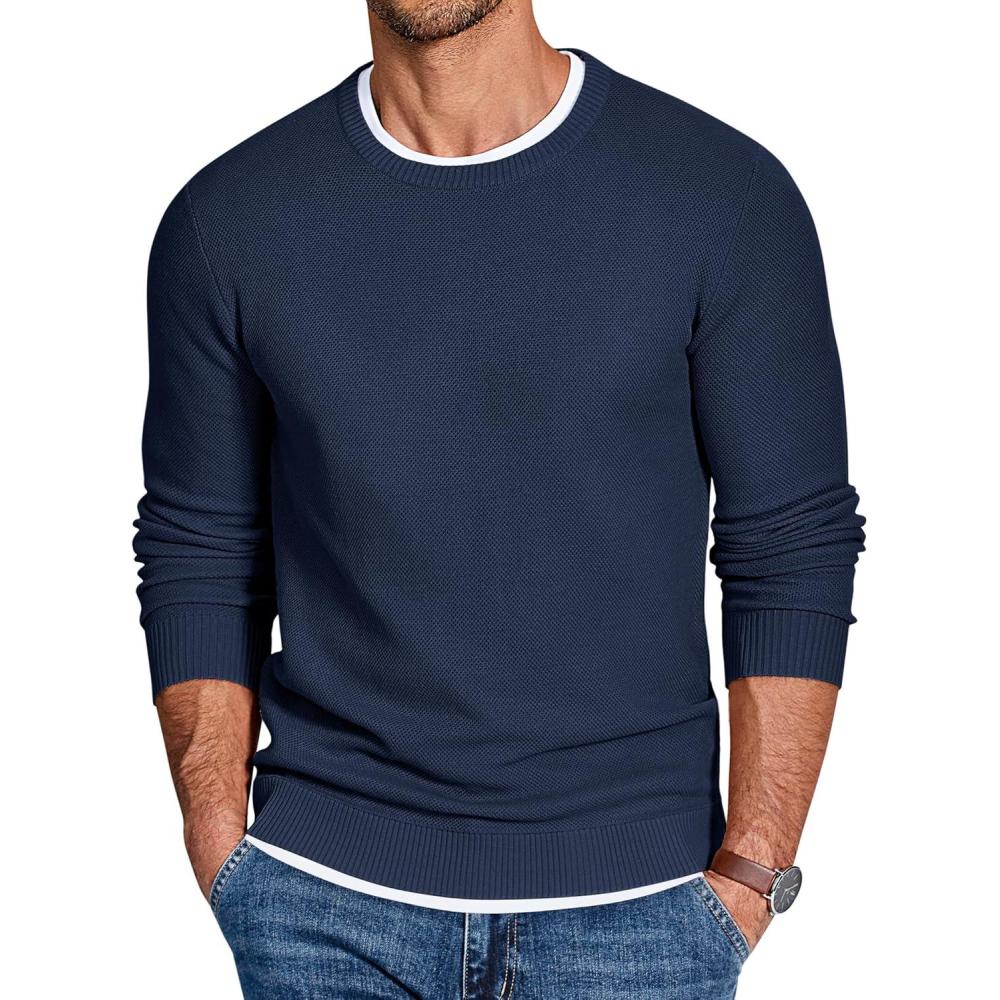 imageCOOFANDY Mens Crewneck Sweater Slim Fit Lightweight Knit Pullover Casual Dress Crew Neck Pullover SweatersNavy Blue