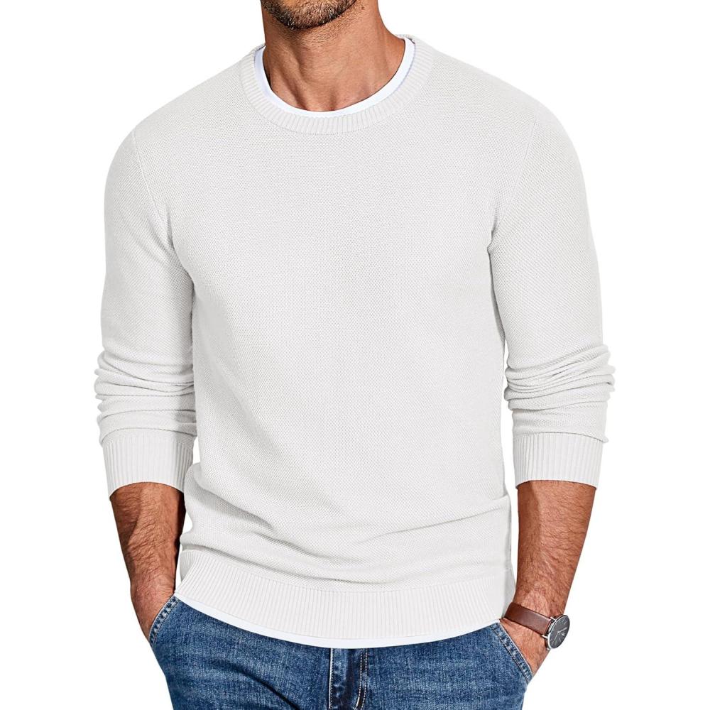 imageCOOFANDY Mens Crewneck Sweater Slim Fit Lightweight Knit Pullover Casual Dress Crew Neck Pullover SweatersWhite