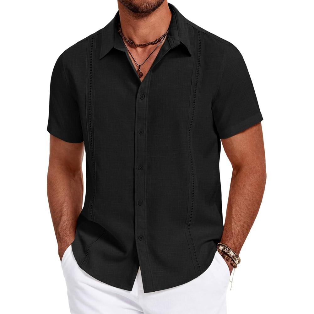 imageCOOFANDY Mens Cuban Guayabera Summer Beach Short Sleeve Casual Vacation Wedding ShirtAblack
