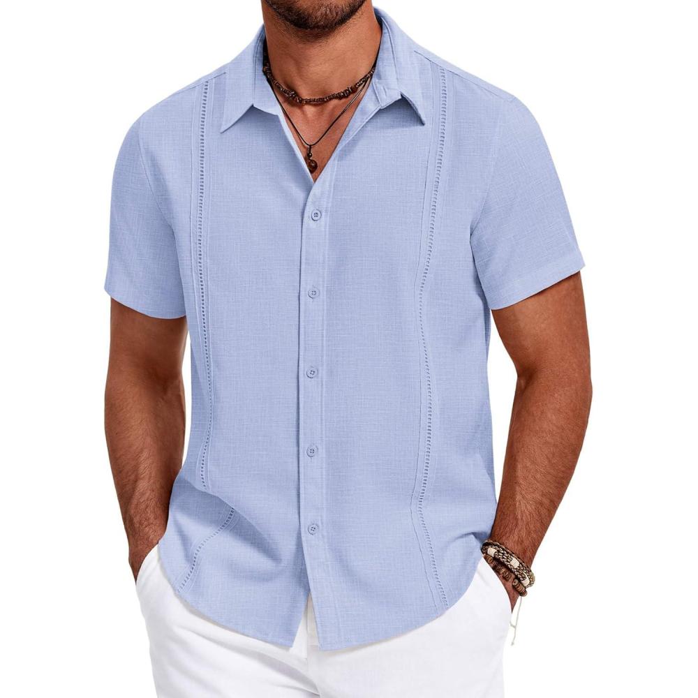 imageCOOFANDY Mens Cuban Guayabera Summer Beach Short Sleeve Casual Vacation Wedding ShirtLight Blue