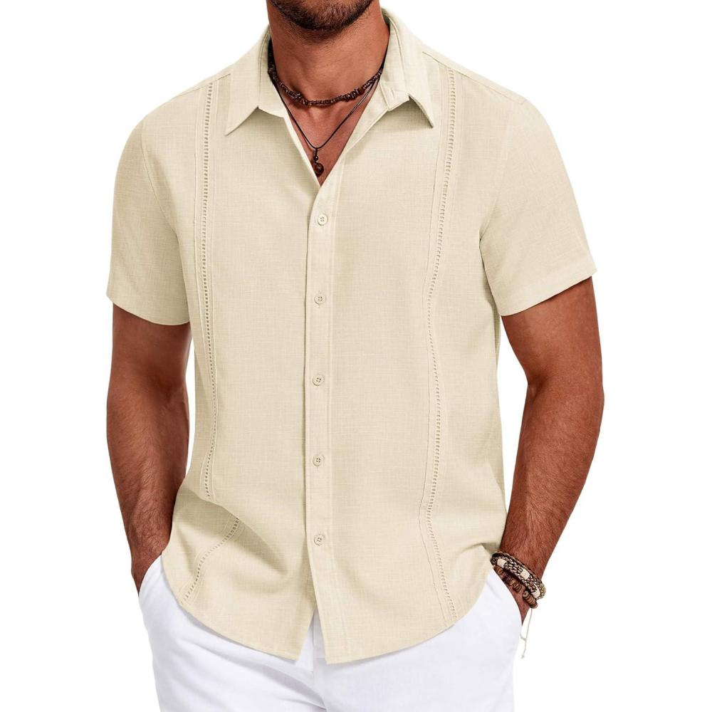 imageCOOFANDY Mens Cuban Guayabera Summer Beach Short Sleeve Casual Vacation Wedding ShirtLight Khaki
