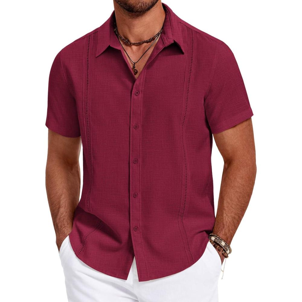 imageCOOFANDY Mens Cuban Guayabera Summer Beach Short Sleeve Casual Vacation Wedding ShirtWine Red