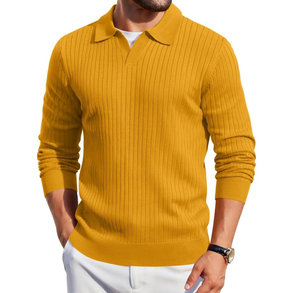 imageCOOFANDY Mens Knit Polos Long Sleeve Casual Sweater Polos V Neck Collared Sweater Golf Polo Sweaters and PulloversLight Brown
