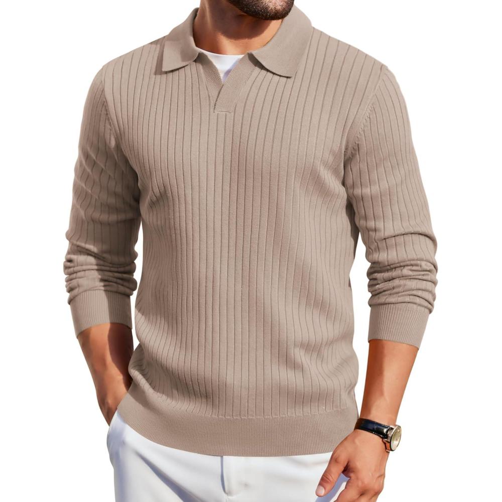 imageCOOFANDY Mens Knit Polos Long Sleeve Casual Sweater Polos V Neck Collared Sweater Golf Polo Sweaters and PulloversLight Khaki