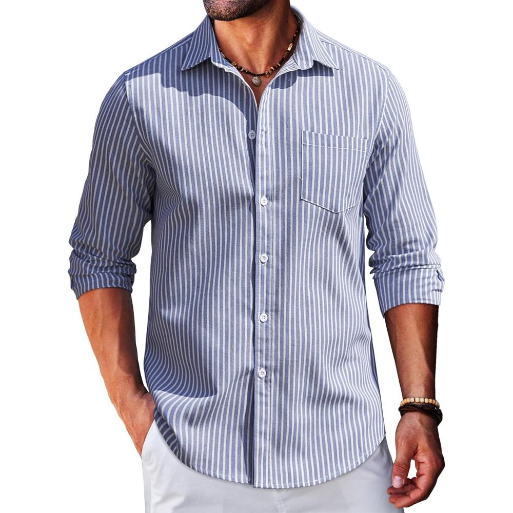 imageCOOFANDY Mens Long Sleeve Button Down Shirt Casual Untucked RegularFit Oxford Dress ShirtsStripebluewhite