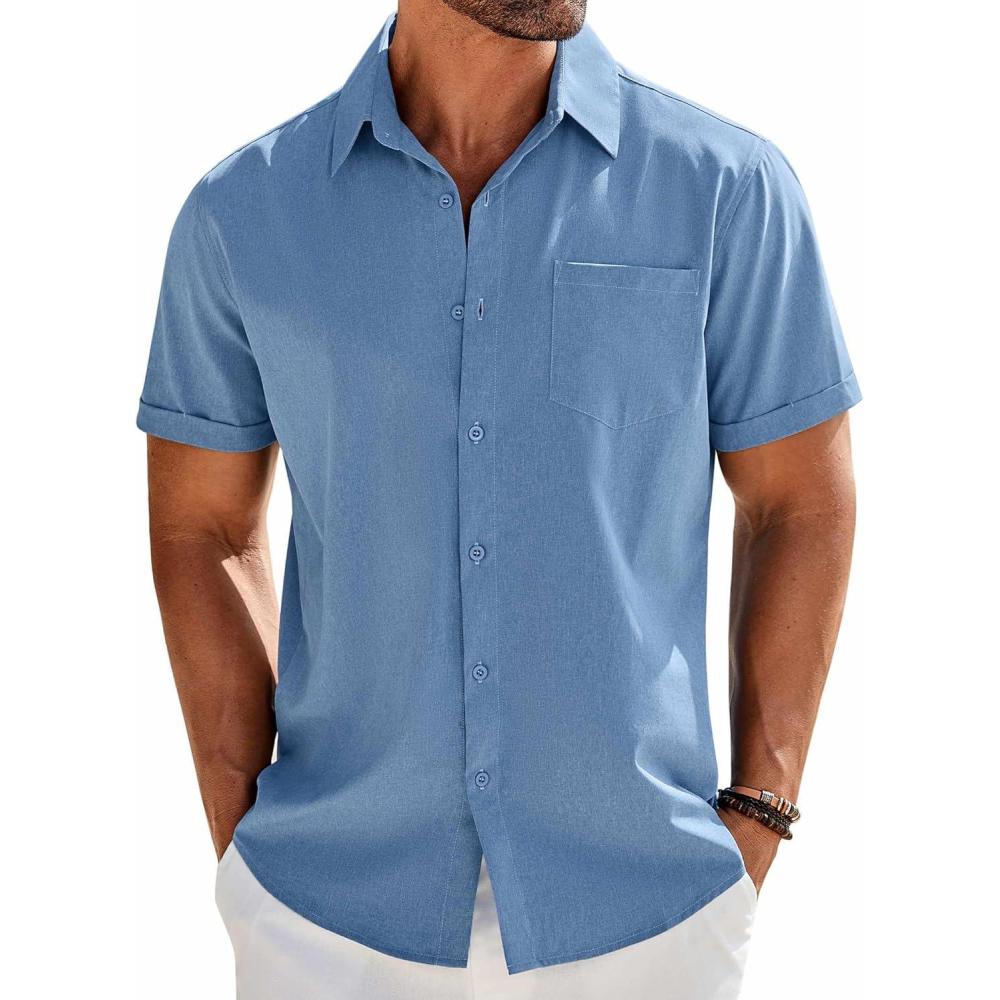 imageCOOFANDY Mens Short Sleeve Button Down Shirt Casual Summer Beach Untucked Vacation Textured Shirts with PocketBlue