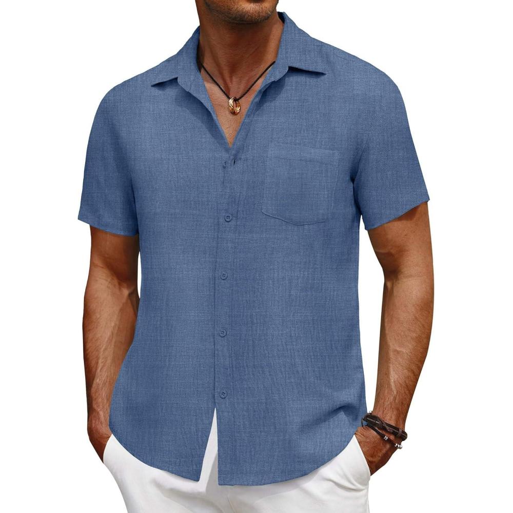 imageCOOFANDY Mens Short Sleeve Button Down Shirt Casual Summer Beach Untucked Vacation Textured Shirts with PocketDark Blue