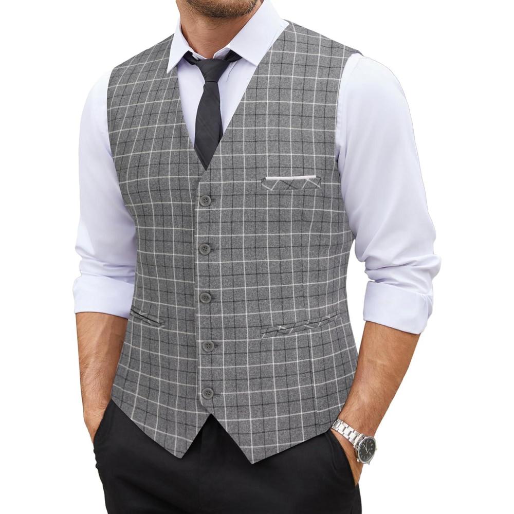 imageCOOFANDY Mens Suit Vest Slim Fit Business Formal Waistcoat Casual Dress VestPlaid Grey
