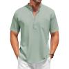 COOFANDY Men’s Casual Henley Shirt Short Sleeve Summer Beach Band Collar Shirt Hippie Henley T-Shirts with Pocket(Light Green)