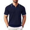 COOFANDY Men’s Zipper Polo Shirts Short Sleeve Ribbed Knit Polo T Shirts Fashion Casual Golf Shirts(Stripes Navy Blue Stripes)