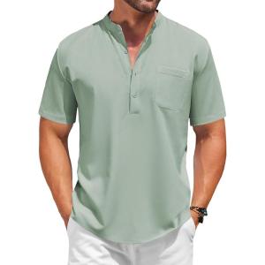 COOFANDY Men’s Casual Henley Shirt Short Sleeve Summer Beach Band Collar Shirt Hippie Henley T-Shirts with Pocket(Light Green)