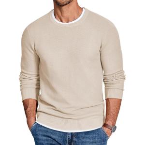 COOFANDY Mens Crewneck Sweater Slim Fit Lightweight Knit Pullover Casual Dress Crew Neck Pullover Sweaters(Light Khaki)
