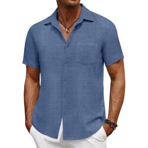 COOFANDY Men’s Short Sleeve Button Down Shirt Casual Summer Beach Untucked Vacation Textured Shirts with Pocket(Dark Blue)