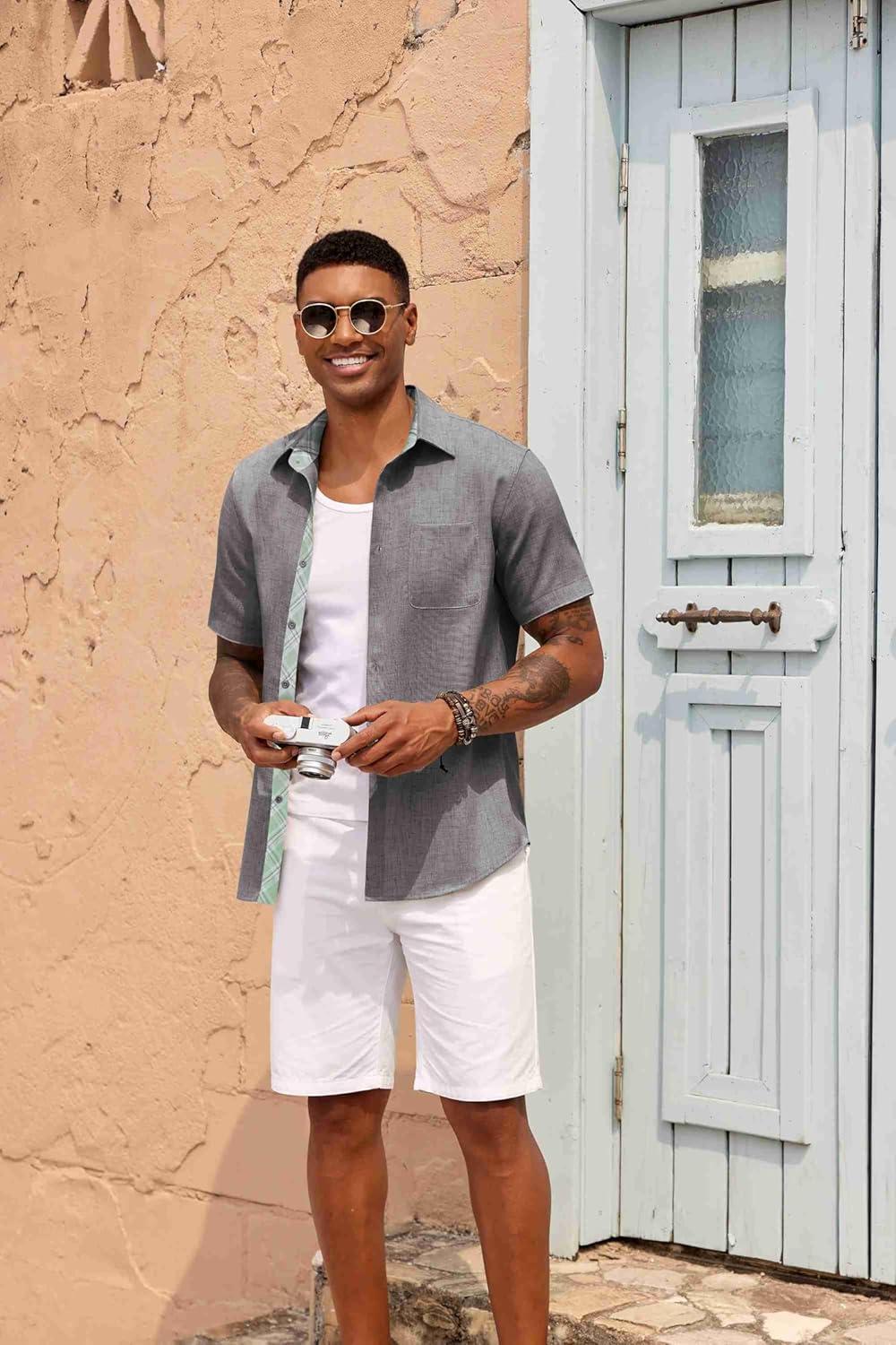 imageCOOFANDY Mens Button Down Shirts Short Sleeve Casual Linen Shirts for Men Summer Beach Wedding ShirtDark Gray