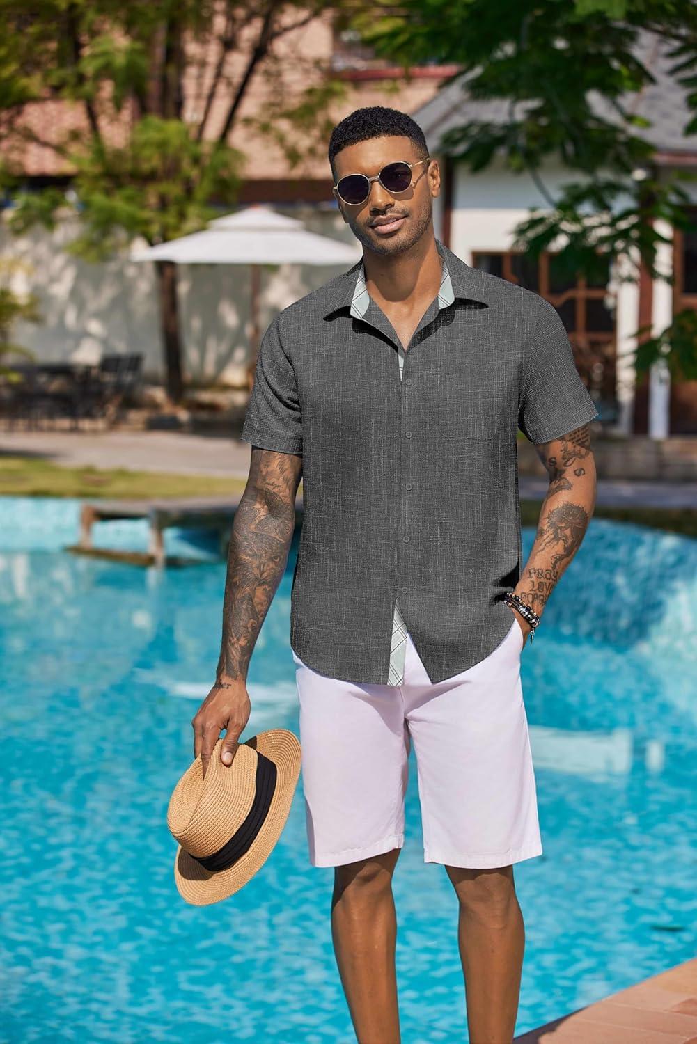 imageCOOFANDY Mens Button Down Shirts Short Sleeve Casual Linen Shirts for Men Summer Beach Wedding ShirtDark Gray