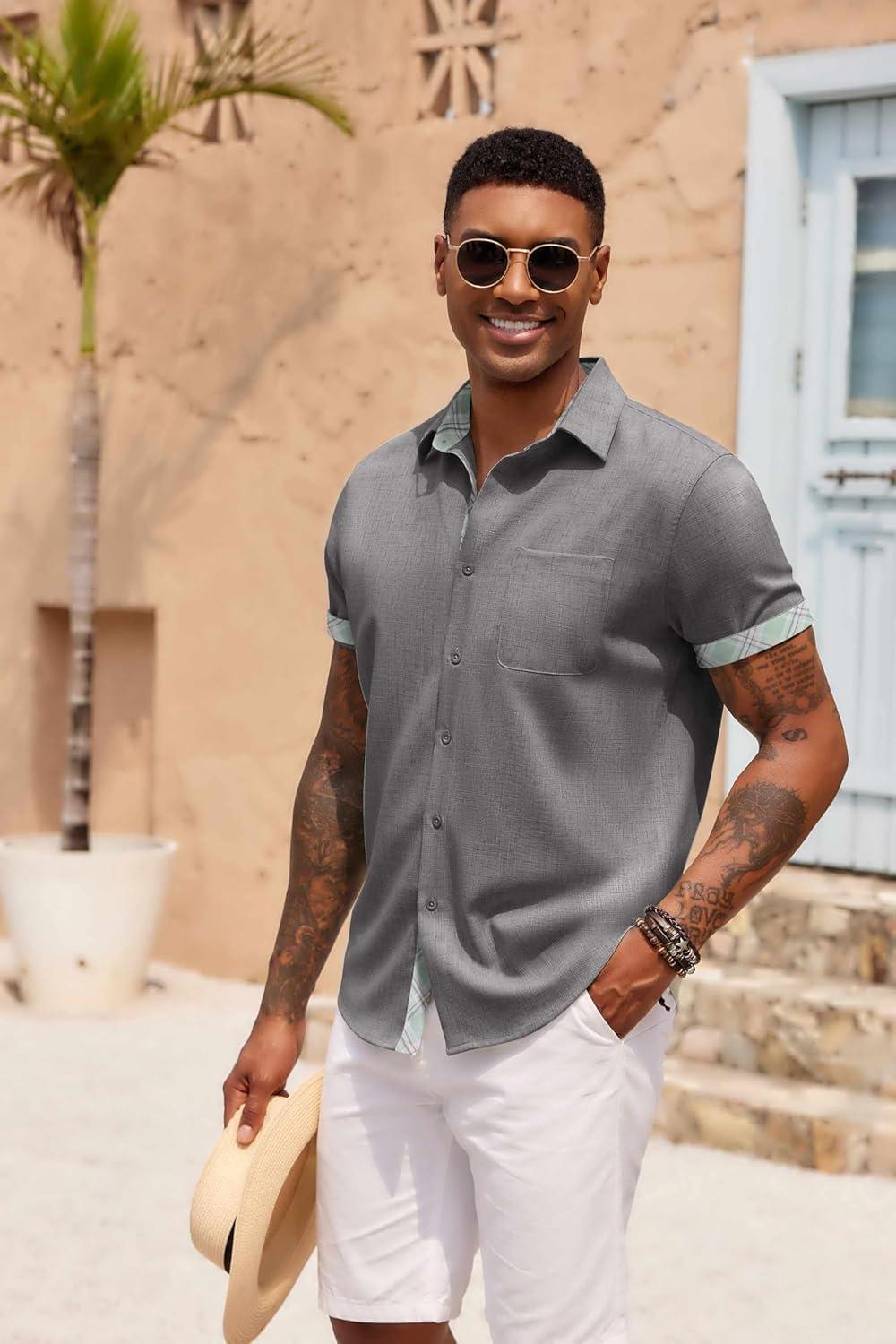 imageCOOFANDY Mens Button Down Shirts Short Sleeve Casual Linen Shirts for Men Summer Beach Wedding ShirtDark Gray