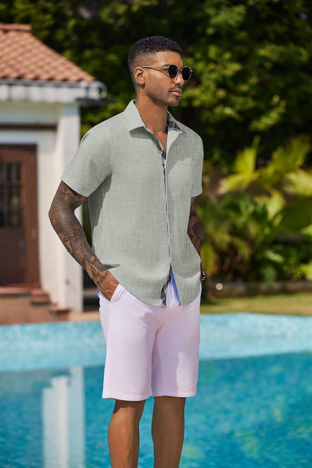 imageCOOFANDY Mens Button Down Shirts Short Sleeve Casual Linen Shirts for Men Summer Beach Wedding ShirtGreen