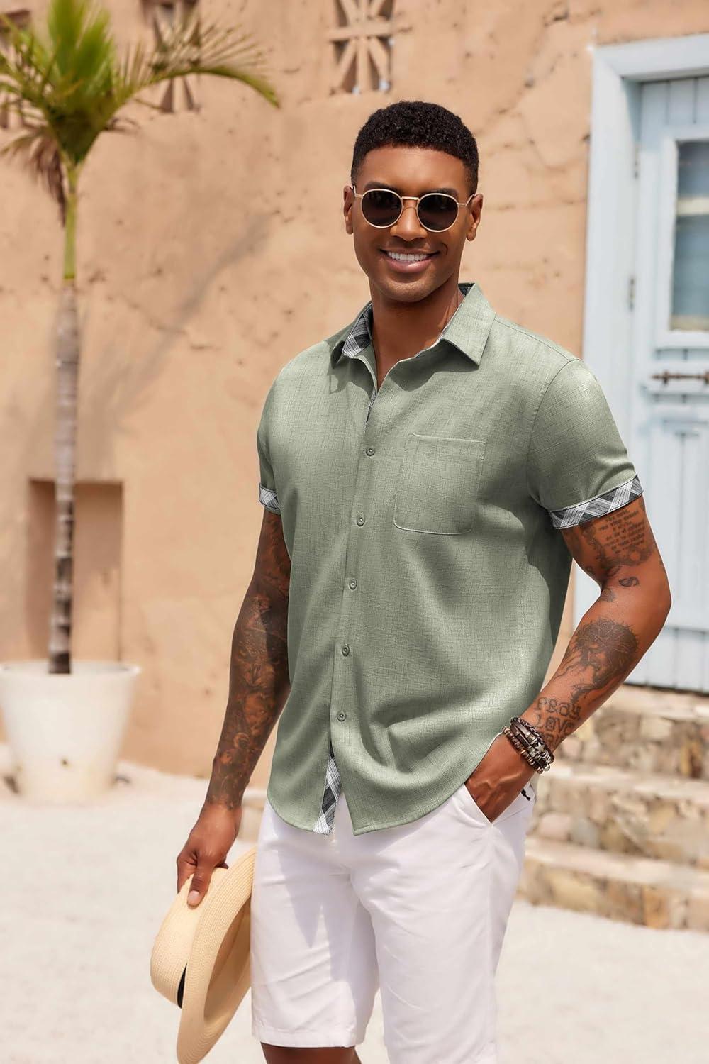 imageCOOFANDY Mens Button Down Shirts Short Sleeve Casual Linen Shirts for Men Summer Beach Wedding ShirtGreen