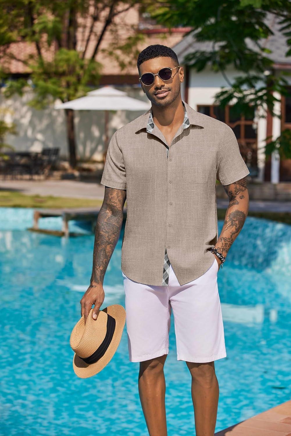 imageCOOFANDY Mens Button Down Shirts Short Sleeve Casual Linen Shirts for Men Summer Beach Wedding ShirtKhaki
