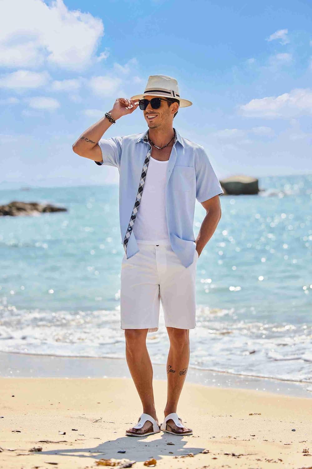 imageCOOFANDY Mens Button Down Shirts Short Sleeve Casual Linen Shirts for Men Summer Beach Wedding ShirtLight Blue