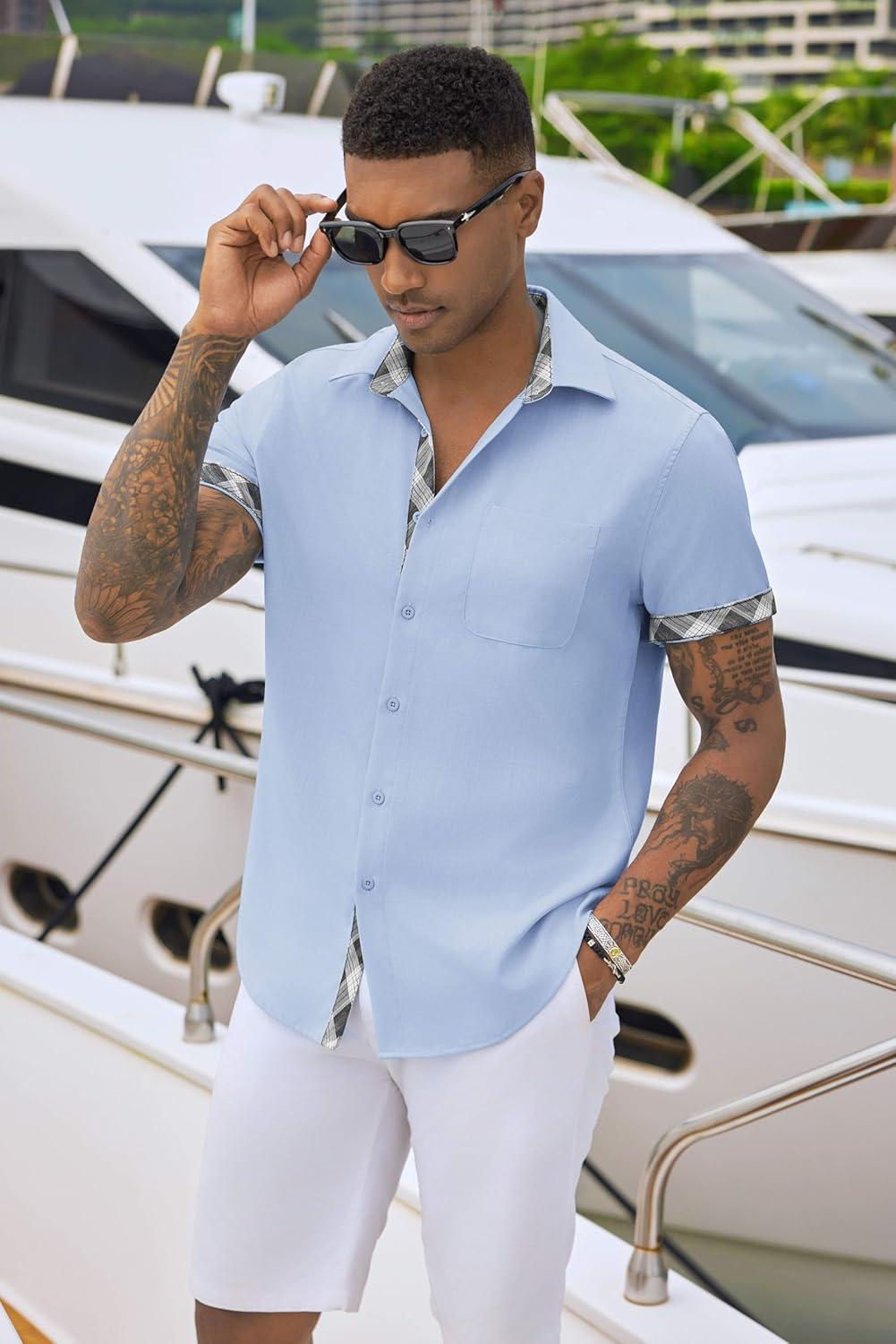 imageCOOFANDY Mens Button Down Shirts Short Sleeve Casual Linen Shirts for Men Summer Beach Wedding ShirtLight Blue