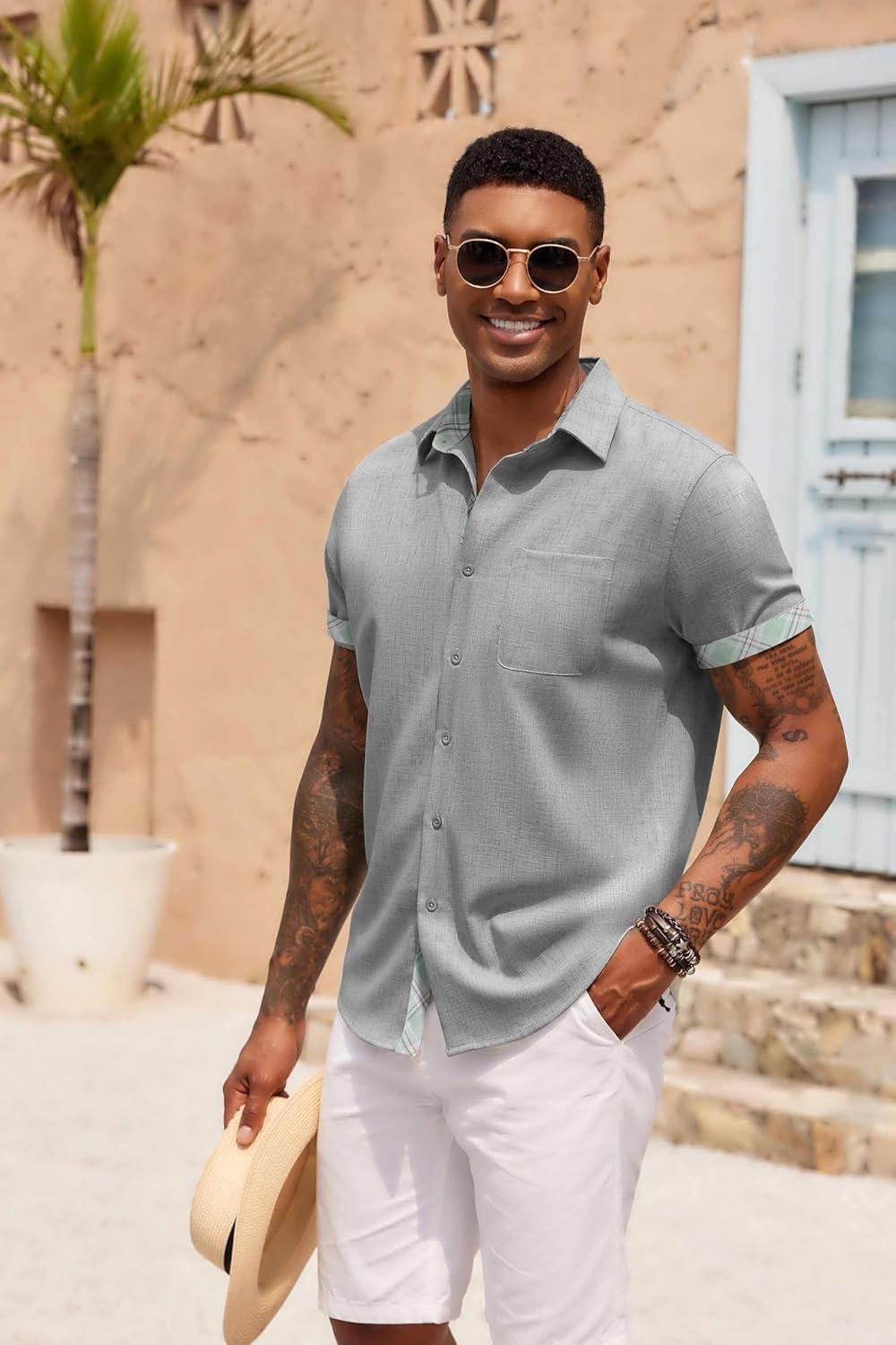 imageCOOFANDY Mens Button Down Shirts Short Sleeve Casual Linen Shirts for Men Summer Beach Wedding ShirtLight Gray