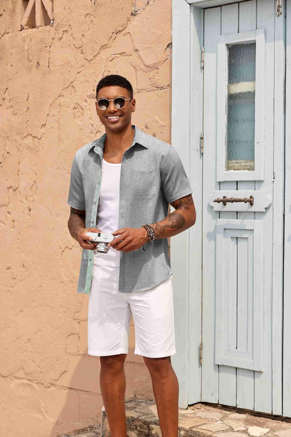 imageCOOFANDY Mens Button Down Shirts Short Sleeve Casual Linen Shirts for Men Summer Beach Wedding ShirtLight Gray
