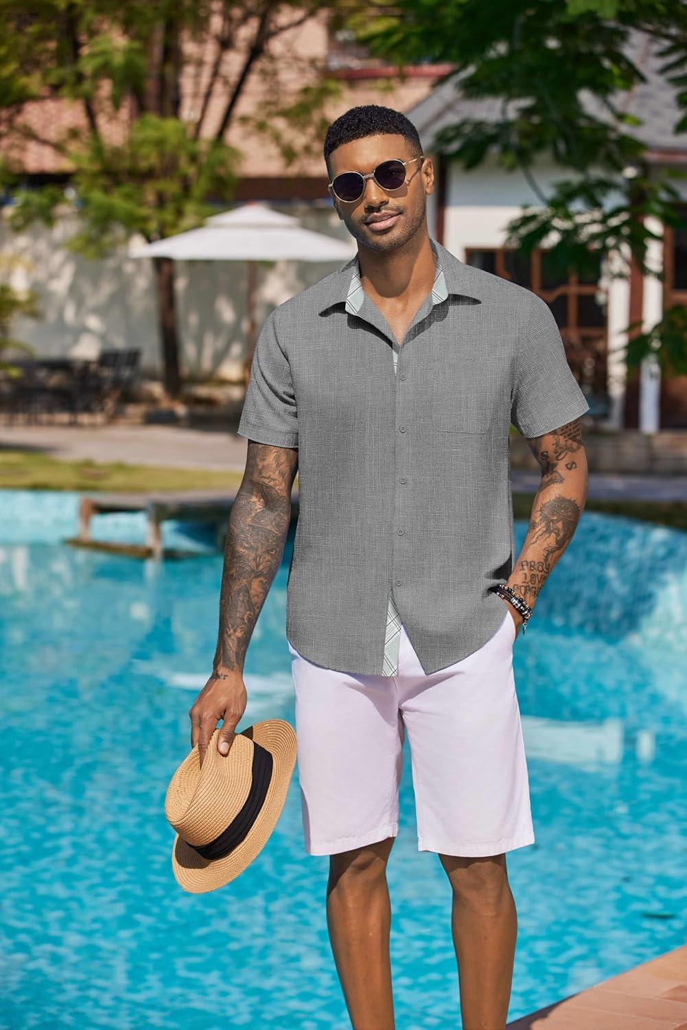 imageCOOFANDY Mens Button Down Shirts Short Sleeve Casual Linen Shirts for Men Summer Beach Wedding ShirtLight Gray