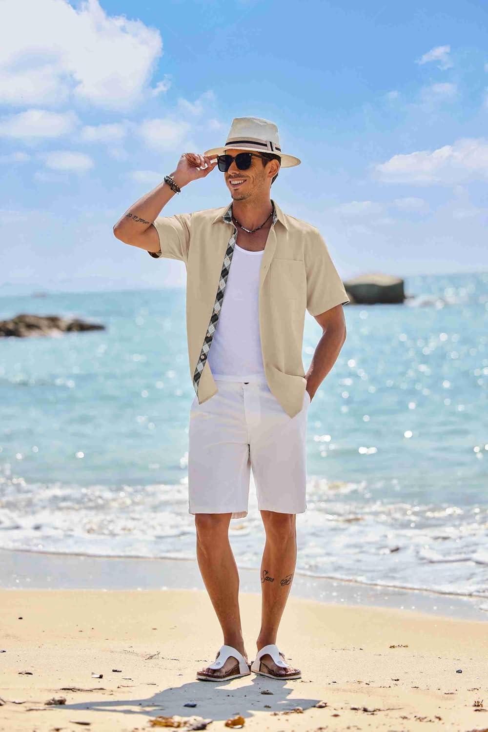 imageCOOFANDY Mens Button Down Shirts Short Sleeve Casual Linen Shirts for Men Summer Beach Wedding ShirtLight Khaki