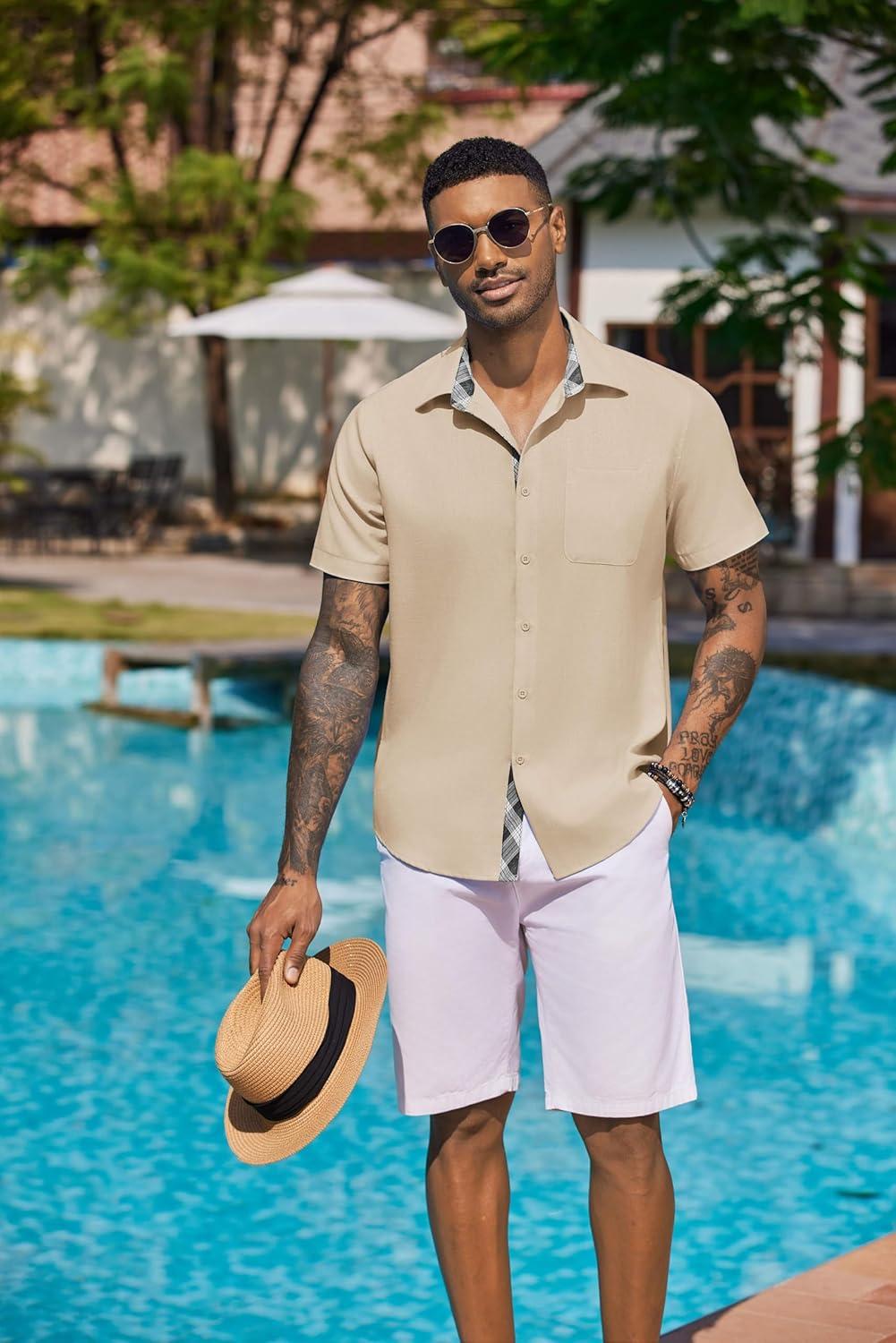 imageCOOFANDY Mens Button Down Shirts Short Sleeve Casual Linen Shirts for Men Summer Beach Wedding ShirtLight Khaki