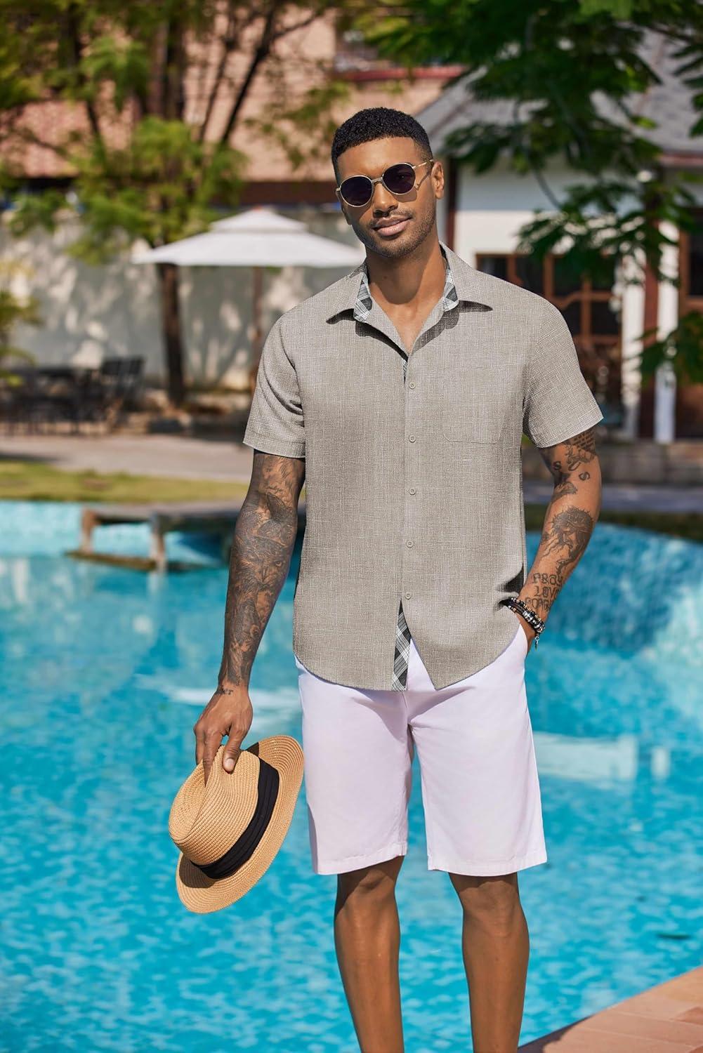 imageCOOFANDY Mens Button Down Shirts Short Sleeve Casual Linen Shirts for Men Summer Beach Wedding ShirtStone