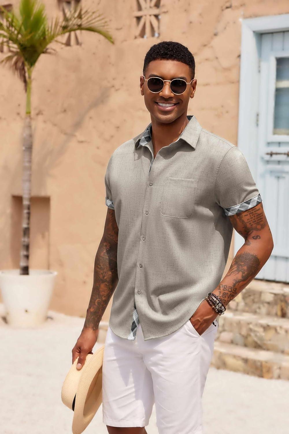 imageCOOFANDY Mens Button Down Shirts Short Sleeve Casual Linen Shirts for Men Summer Beach Wedding ShirtStone