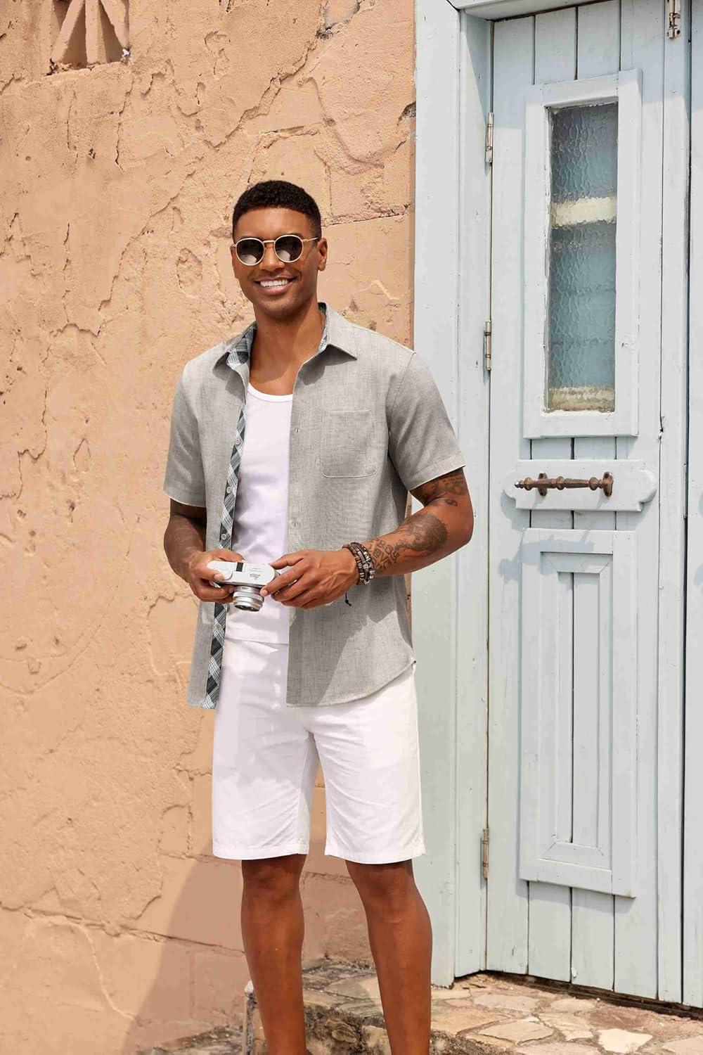 imageCOOFANDY Mens Button Down Shirts Short Sleeve Casual Linen Shirts for Men Summer Beach Wedding ShirtStone