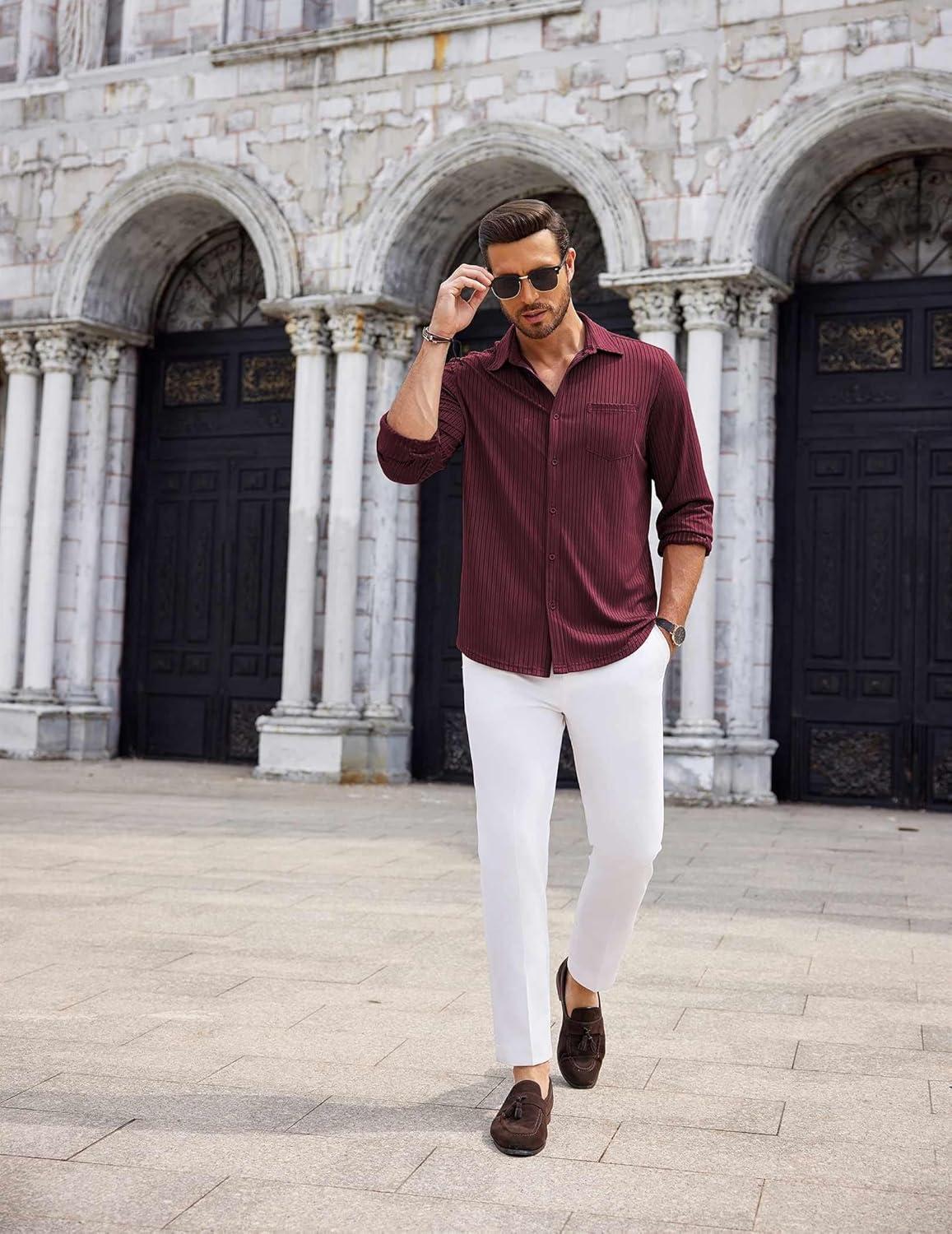imageCOOFANDY Mens Casual Button Down Shirt Long Sleeve Wrinkle Free Shirts Loose fit Shirt Textured Stretch Shirts with PocketWine Red