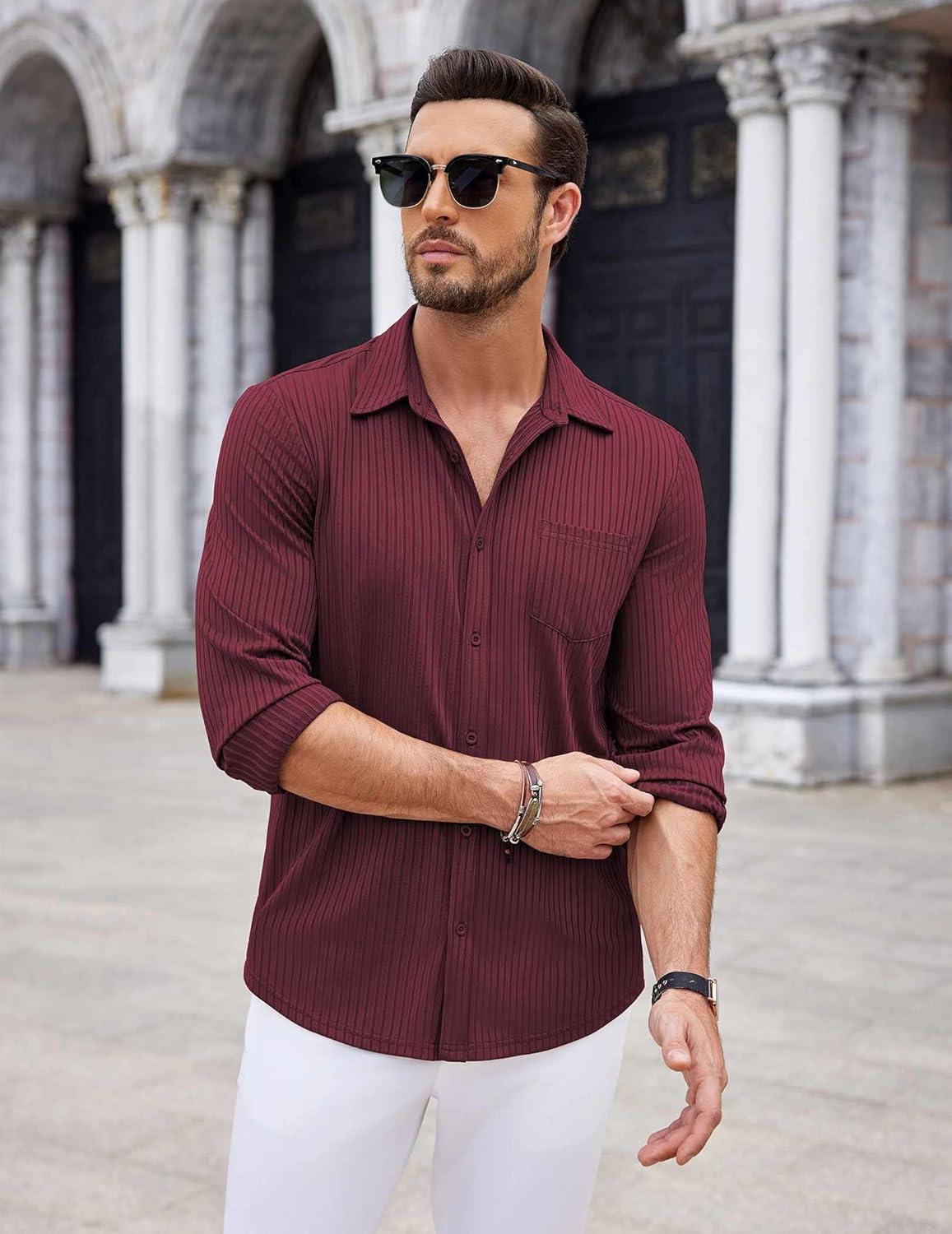 imageCOOFANDY Mens Casual Button Down Shirt Long Sleeve Wrinkle Free Shirts Loose fit Shirt Textured Stretch Shirts with PocketWine Red