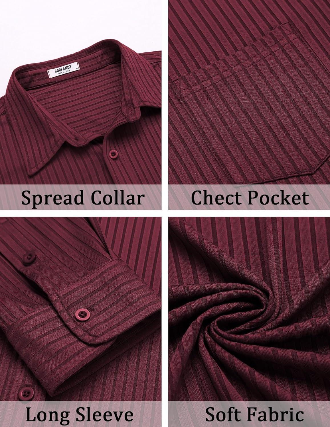 imageCOOFANDY Mens Casual Button Down Shirt Long Sleeve Wrinkle Free Shirts Loose fit Shirt Textured Stretch Shirts with PocketWine Red