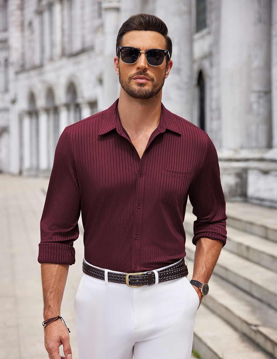 imageCOOFANDY Mens Casual Button Down Shirt Long Sleeve Wrinkle Free Shirts Loose fit Shirt Textured Stretch Shirts with PocketWine Red
