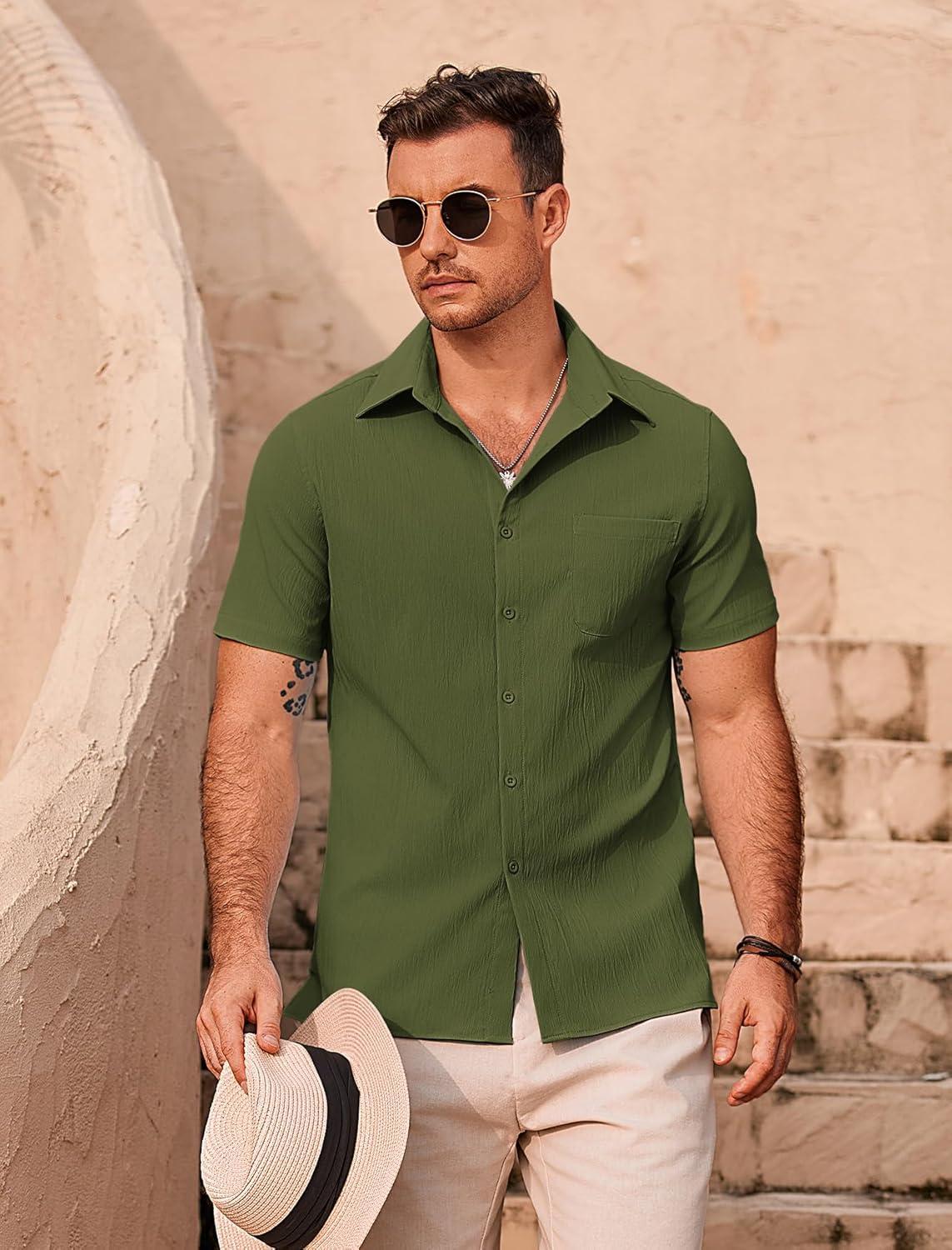 imageCOOFANDY Mens Casual Button Down Shirts Short Sleeve Summer Beach Vacation ShirtsArmy Green