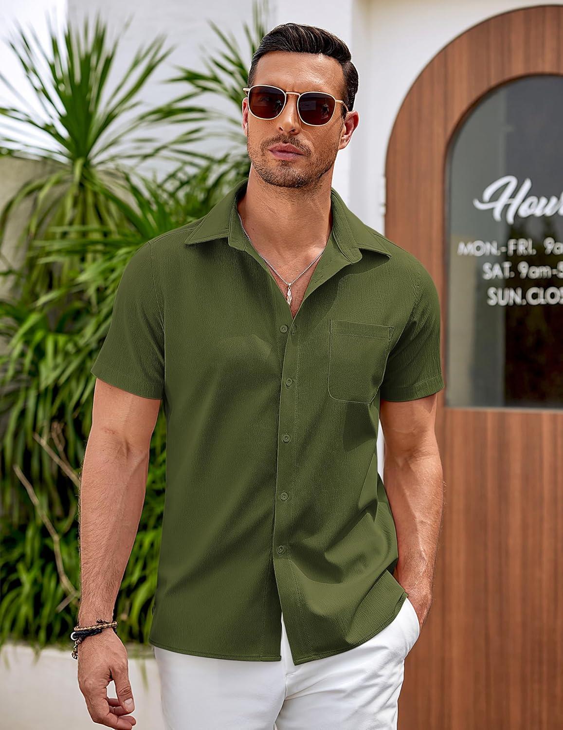 imageCOOFANDY Mens Casual Button Down Shirts Short Sleeve Summer Beach Vacation ShirtsArmy Green