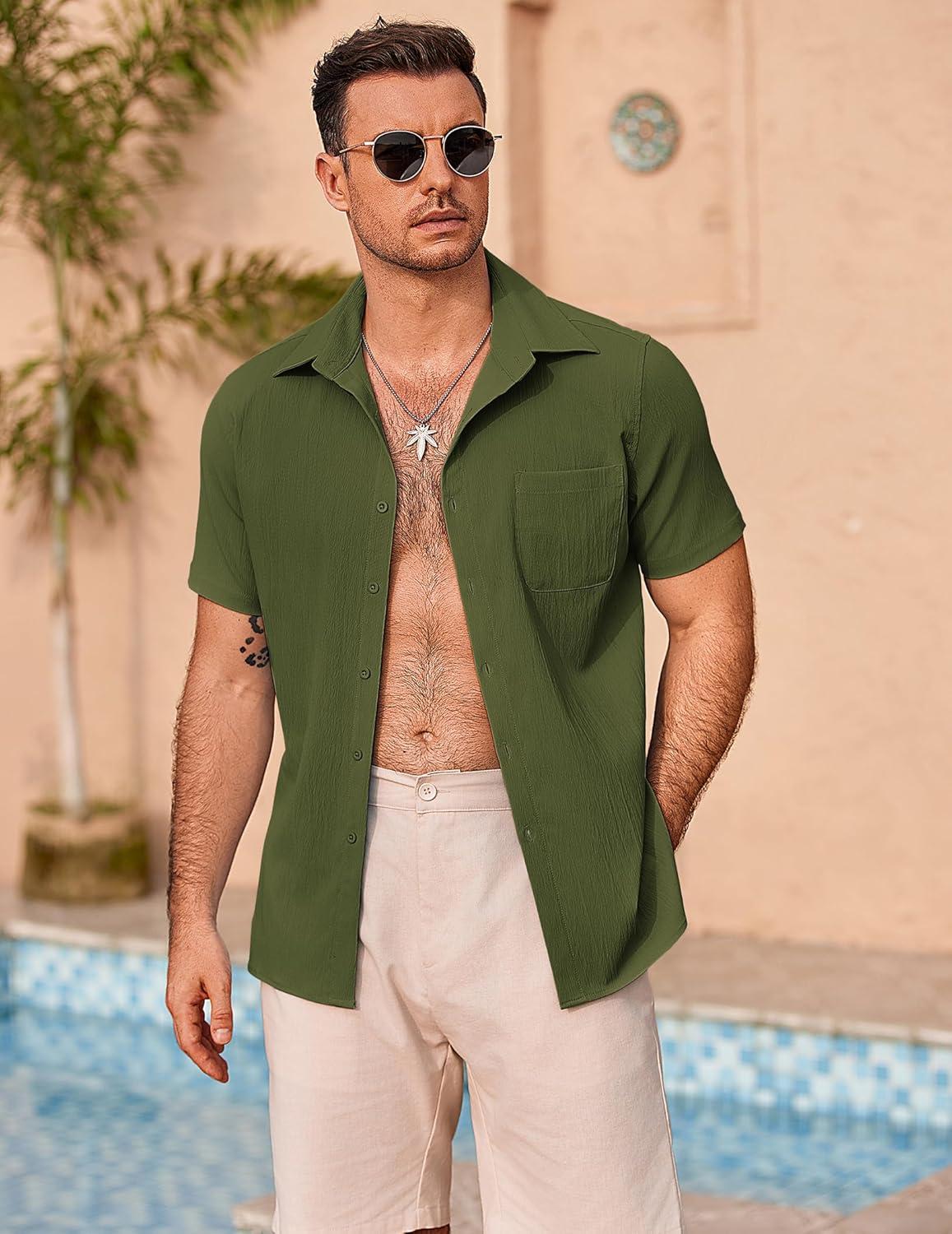 imageCOOFANDY Mens Casual Button Down Shirts Short Sleeve Summer Beach Vacation ShirtsArmy Green