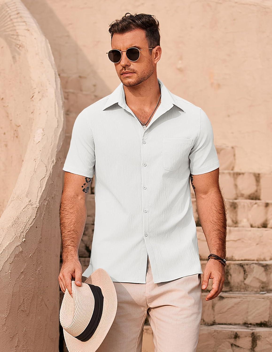 imageCOOFANDY Mens Casual Button Down Shirts Short Sleeve Summer Beach Vacation ShirtsAwhite