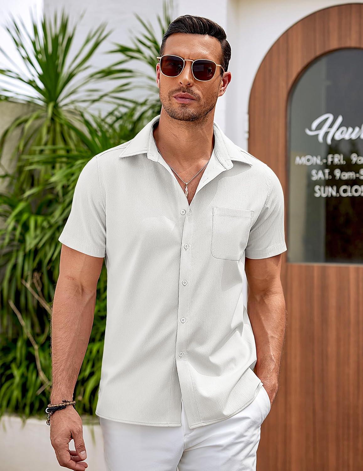 imageCOOFANDY Mens Casual Button Down Shirts Short Sleeve Summer Beach Vacation ShirtsAwhite