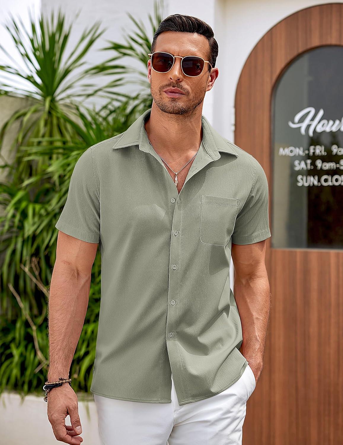 imageCOOFANDY Mens Casual Button Down Shirts Short Sleeve Summer Beach Vacation ShirtsLight Grey