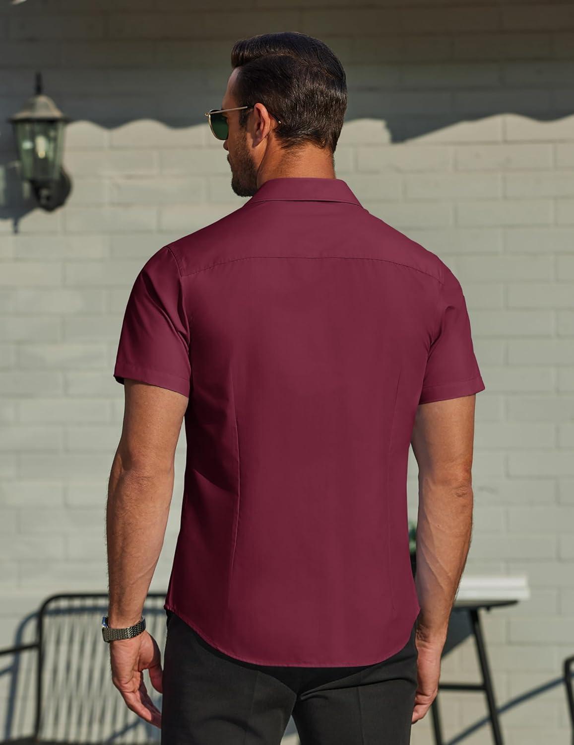 imageCOOFANDY Mens Casual Button Down Shirts Short Sleeve Summer Beach Vacation Untucked Dress Shirts with PocketDark Red