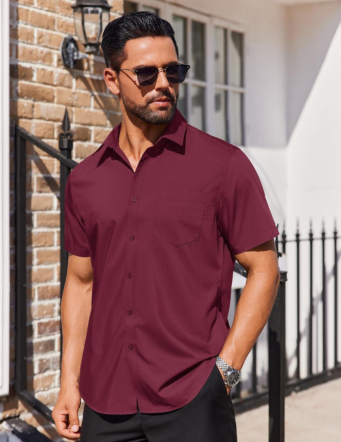 imageCOOFANDY Mens Casual Button Down Shirts Short Sleeve Summer Beach Vacation Untucked Dress Shirts with PocketDark Red