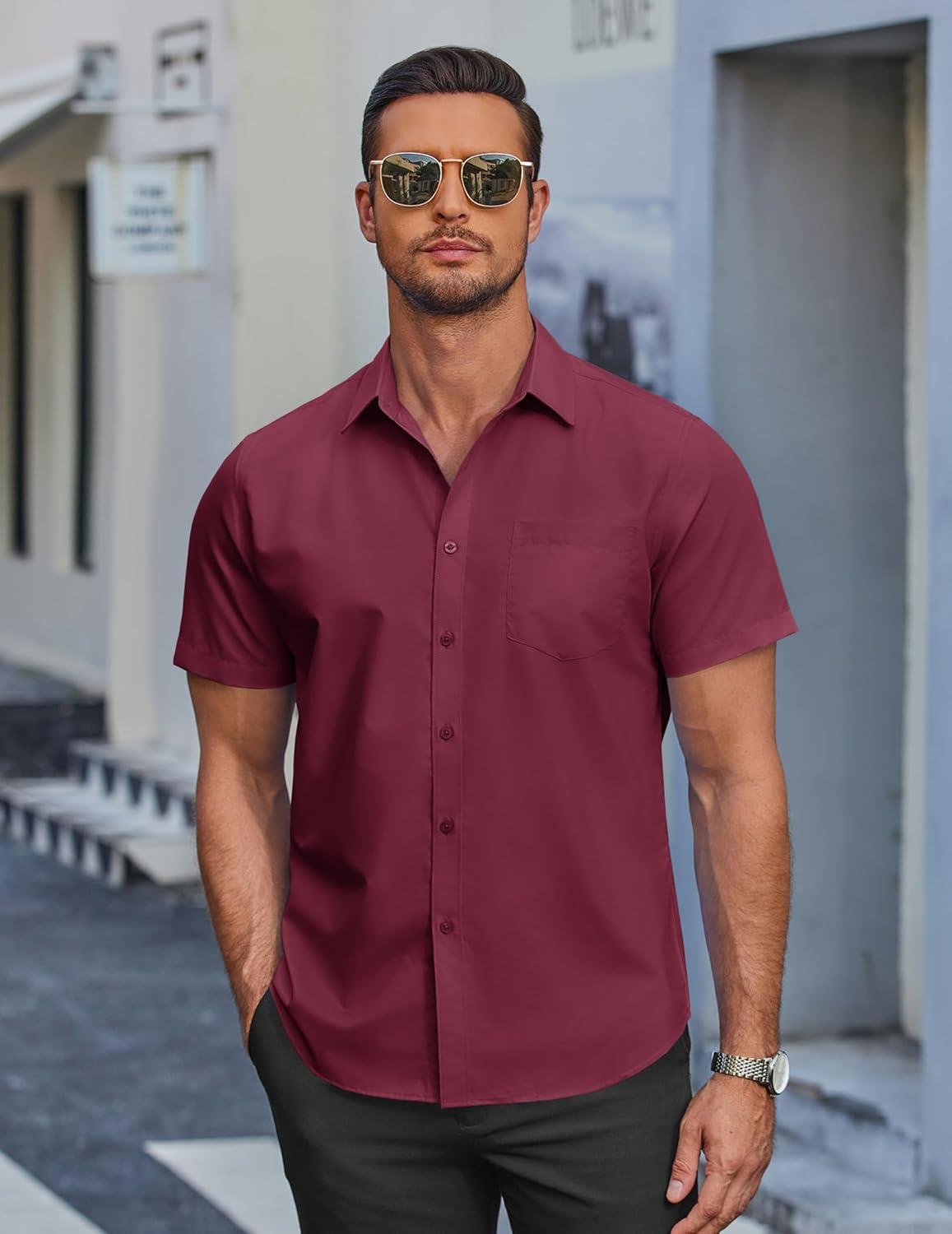 imageCOOFANDY Mens Casual Button Down Shirts Short Sleeve Summer Beach Vacation Untucked Dress Shirts with PocketDark Red