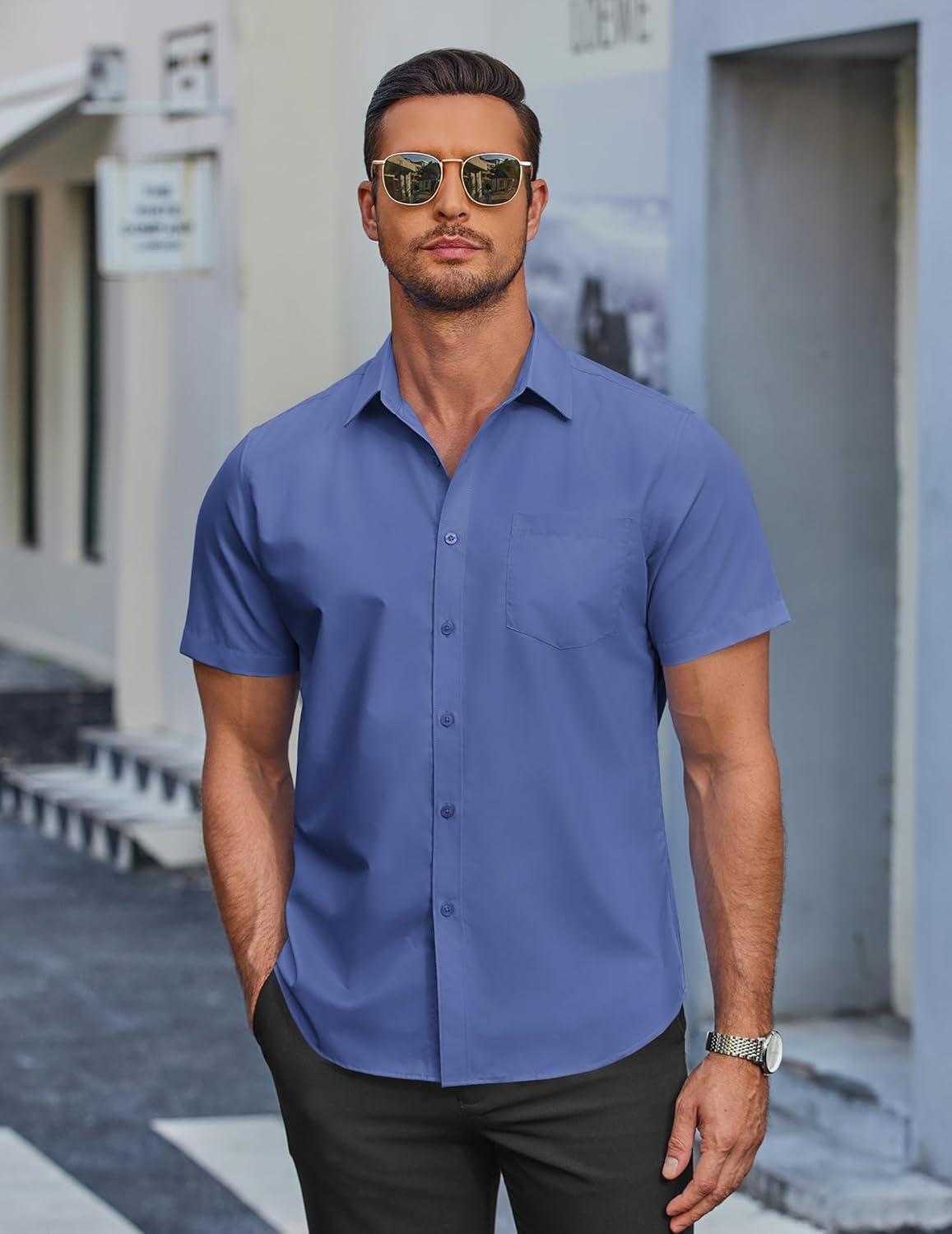 imageCOOFANDY Mens Casual Button Down Shirts Short Sleeve Summer Beach Vacation Untucked Dress Shirts with PocketGray Blue