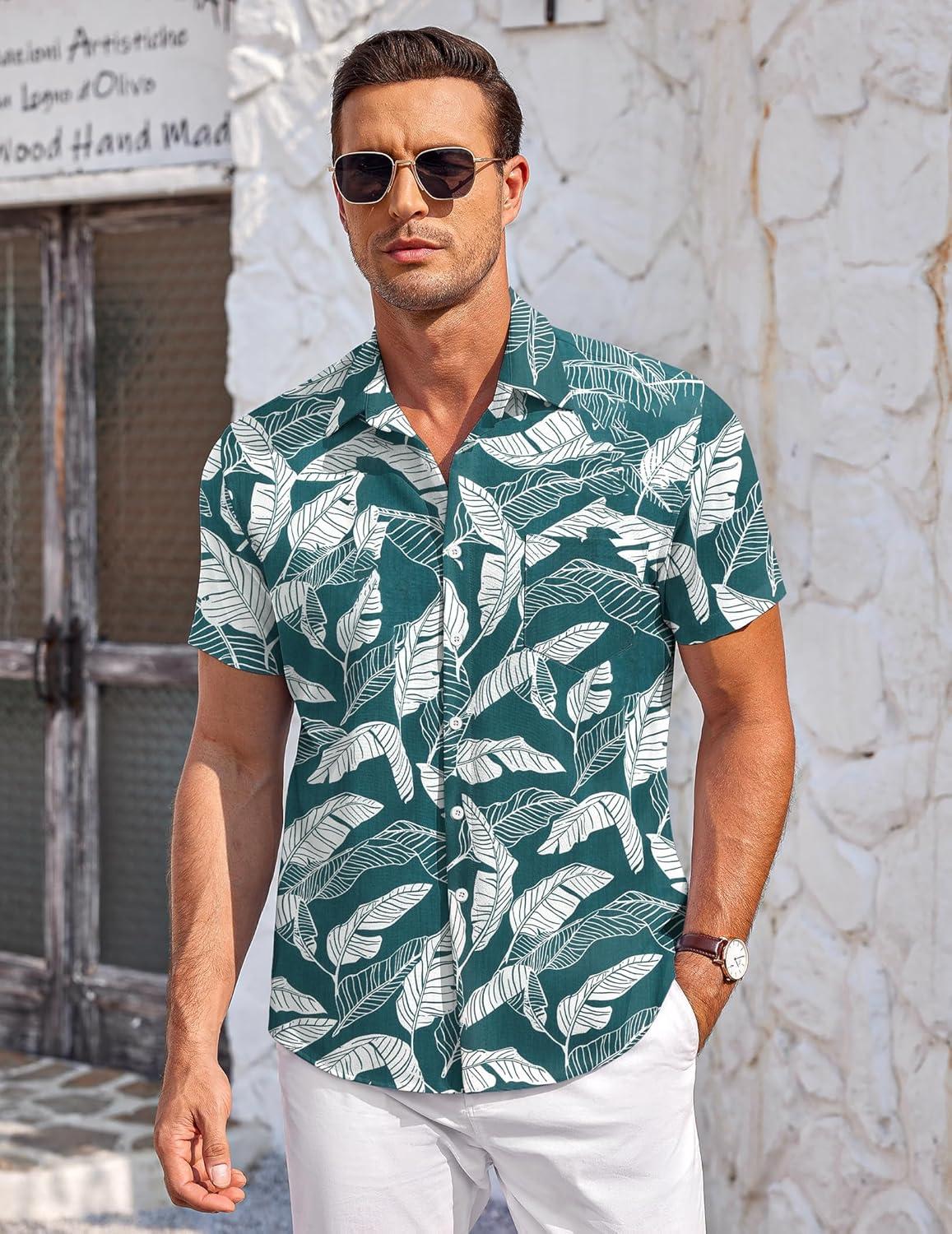 imageCOOFANDY Mens Casual Button Down Shirts Short Sleeve Summer Beach Vacation Untucked Dress Shirts with PocketLeafdeep Green