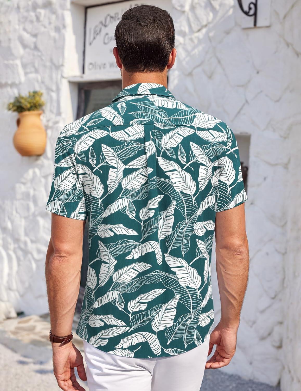 imageCOOFANDY Mens Casual Button Down Shirts Short Sleeve Summer Beach Vacation Untucked Dress Shirts with PocketLeafdeep Green